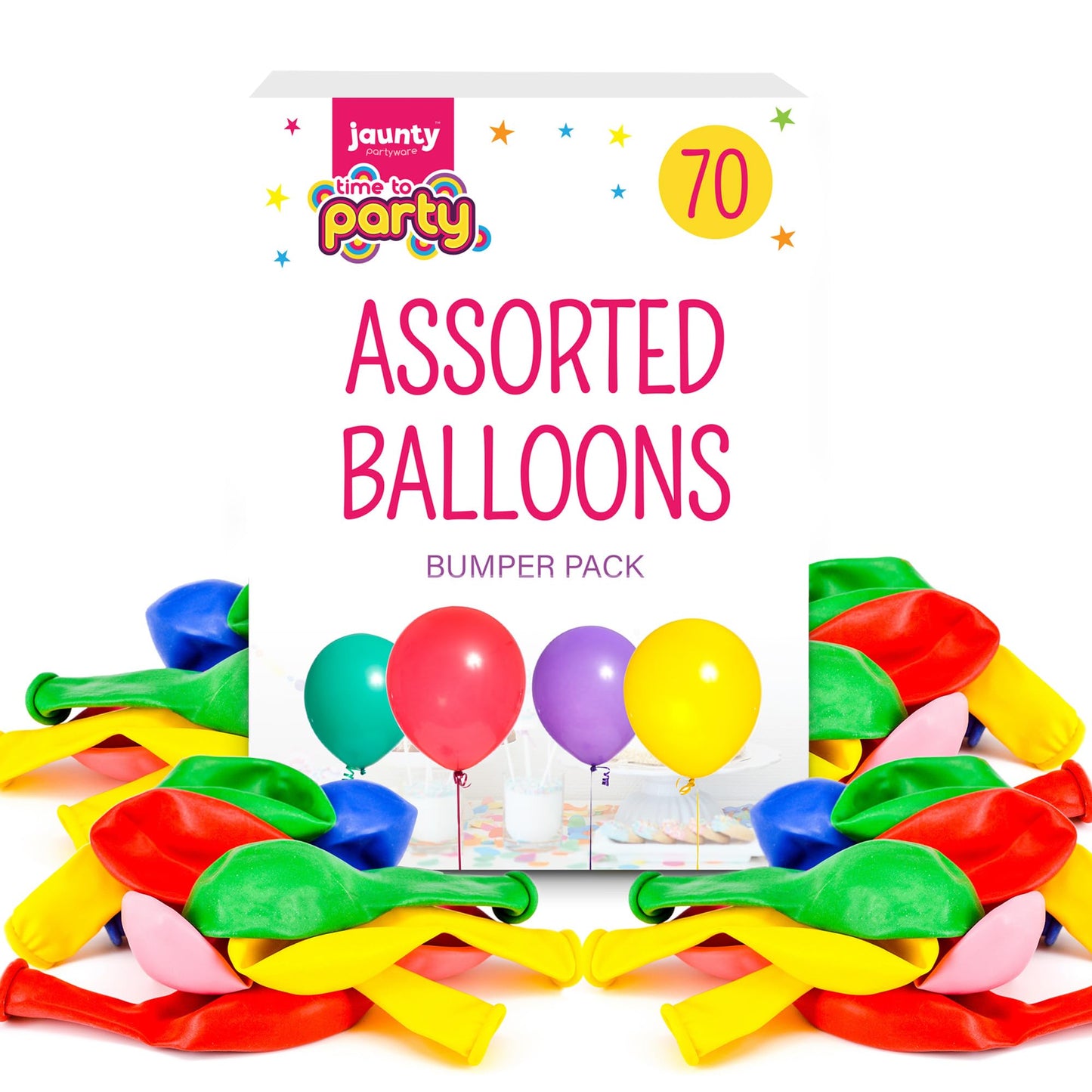 Jaunty partyware 70pk Premium Latex Multicoloured Balloons, 10.5 Inch Size, Assorted Rainbow Balloons for Party, Ideal for Kids' Parties, Adult Celebrations, and Party Bag Fillers Balloon