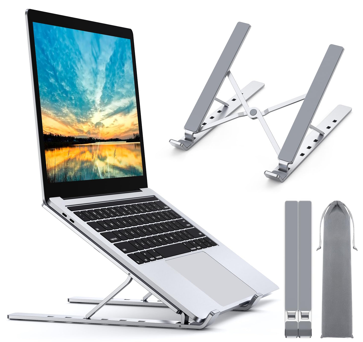 Babacom Laptop Stand, Aluminum Portable Laptop Cooling Desk Holder, 5-Levels Adjustable Notebook Riser Mount, Ventilated Computer Stand, Compatible with MacBook Pro Air, iPad, Dell,10-15.6” Laptops Silver