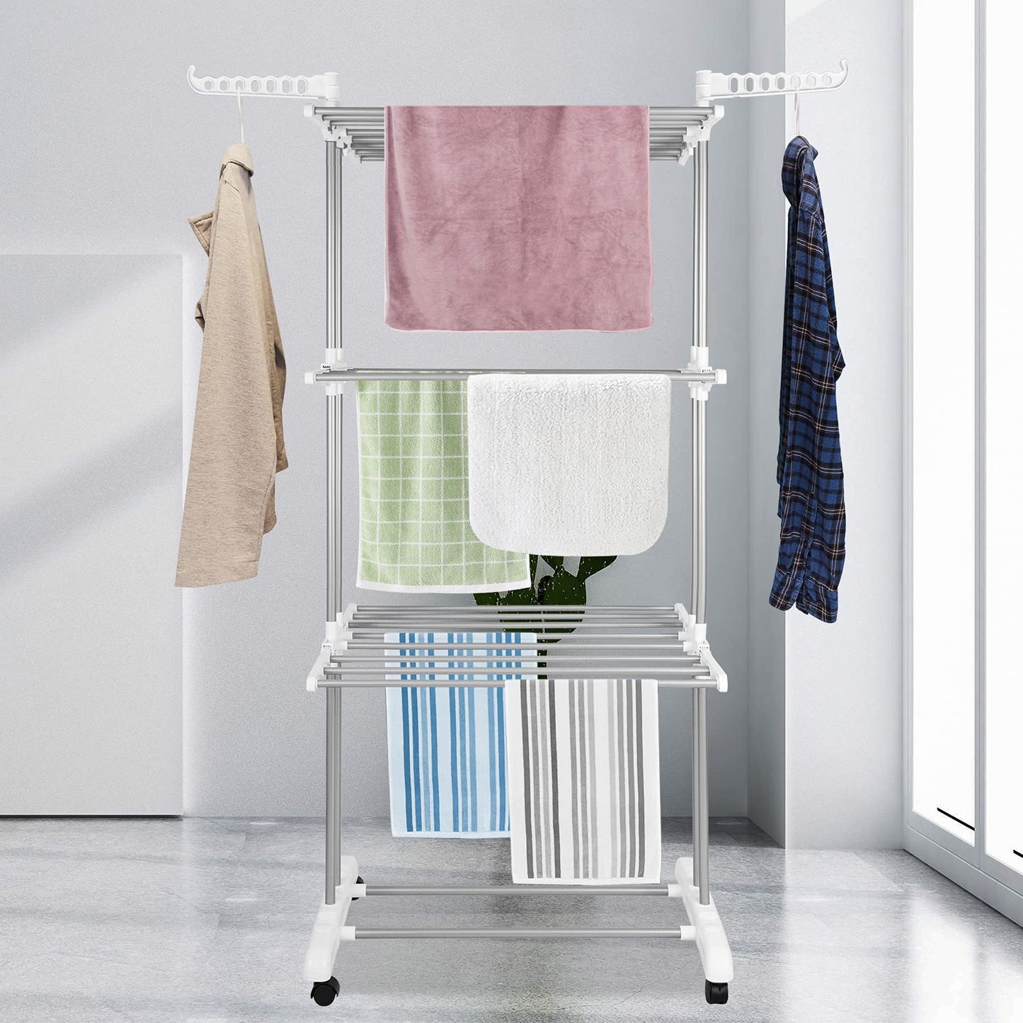 Innotic Clothes Drying Rack 4-Tier Foldable Standing Washing Airer Large Space Movable Laundry Hanger Dryer for Home Garden Storage Indoor (White-Grey) White-grey