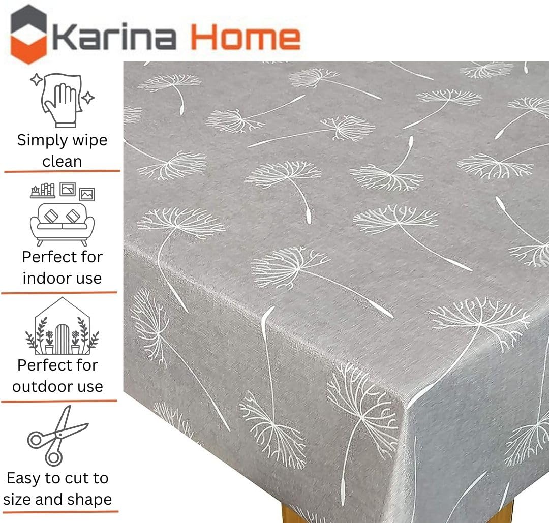 Karina Home Megan Wipe Clean Tablecloth Vinyl PVC (Grey, 250cm x 140cm) Gray 250 x 140cm