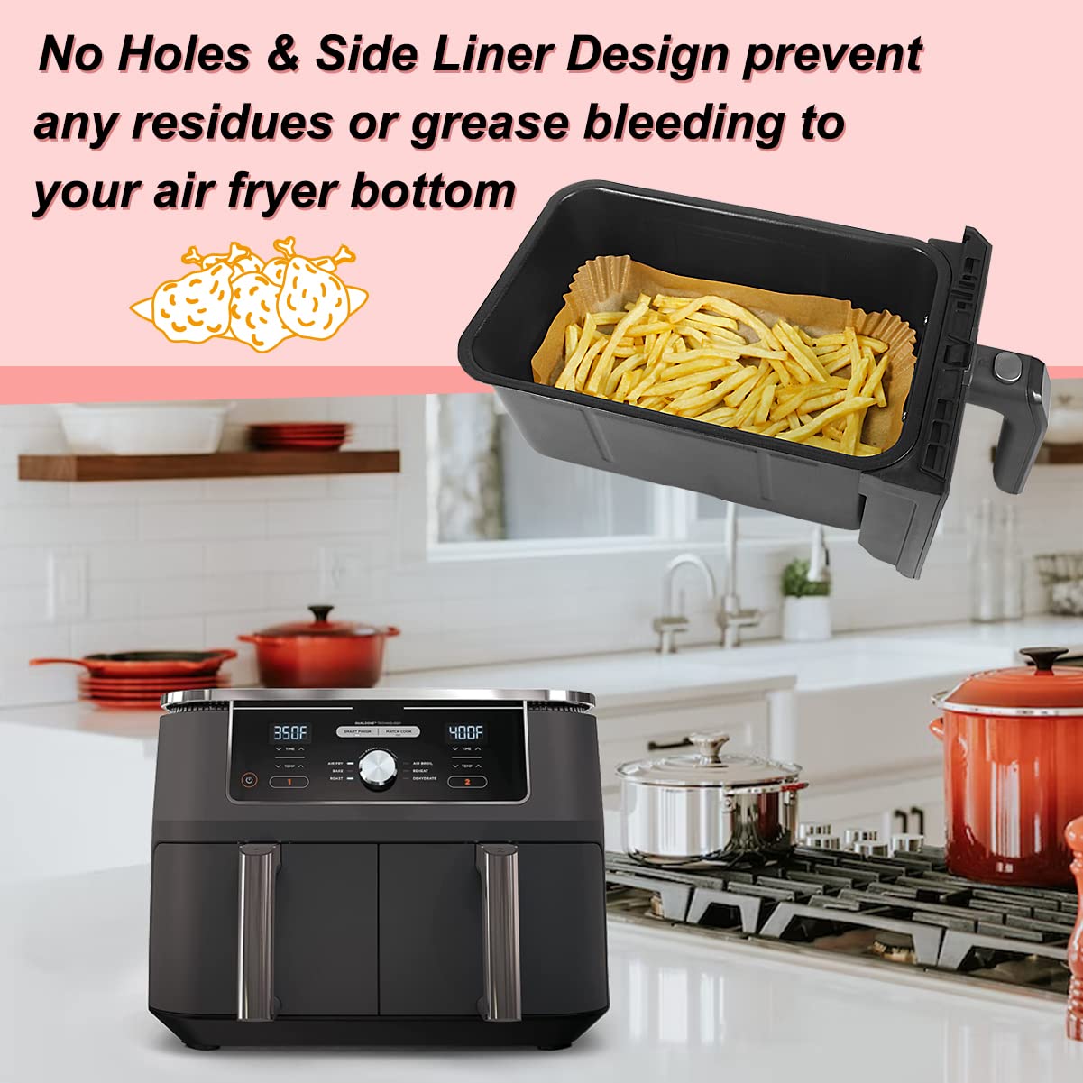 BYKITCHEN 150 PCS Air Fryer Liners for Ninja Dual, Air Fryer Accessories for AF300UK/AF400UK, Rectangle Parchment Paper for Ninja Foodi,Tower, Salter and Other 7.6L to 9.5L Dual Zone Air Fryer 150pcs Brown