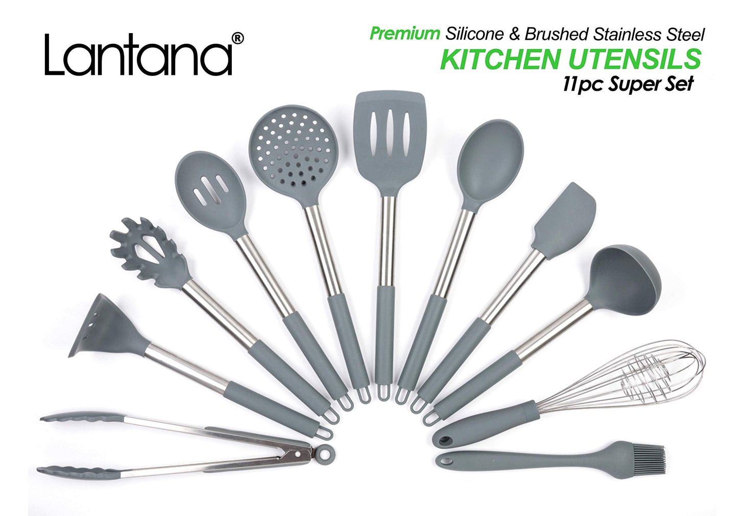 Lantana Premium 11pc Silicone Kitchen Utensil Set for Cooking and Baking in Sleek Grey and Brushed Stainless Steel. Includes; Tongs, Whisk, Spatula, Ladle, Potato Masher and more.