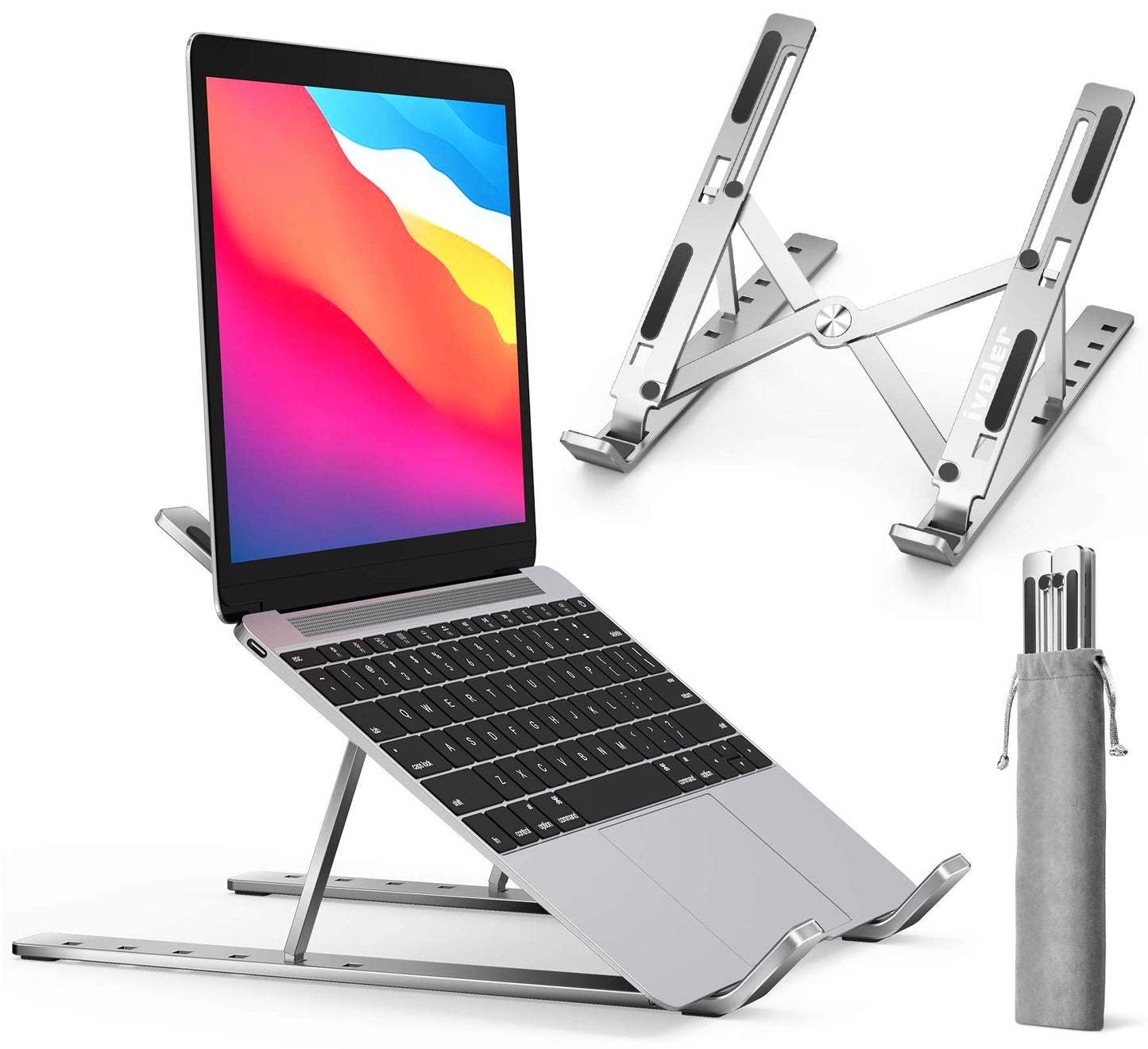 ivoler Laptop Stand for Desk, Adjustable Laptop Riser Aluminum Ergonomic Foldable Portable Tablet Holder, Notebook Stand for MacBook, Lenovo, Dell, HP, More 10-15.6” Laptops- Silver