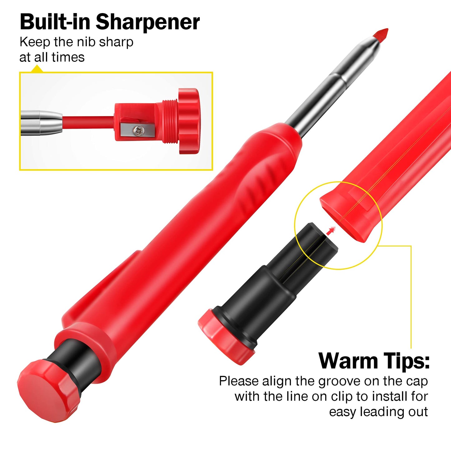 Hiboom 3 Pack Solid Carpenter Pencil with 21 Refill, Long Nosed Deep Hole Mechanical Pencil Marker with Built in Sharpener for Carpenter, Design Patent Yellow, Red, Black Cover