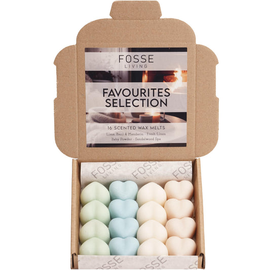 Favourites Selection Strong Scented Wax Melts 16 Pack - The Gift for Every Occasion – 4 of Our Favourite Scents - Fresh Linen, Baby Powder, Lime, Basil and Mandarin, Sandalwood Spa Favourites Selection