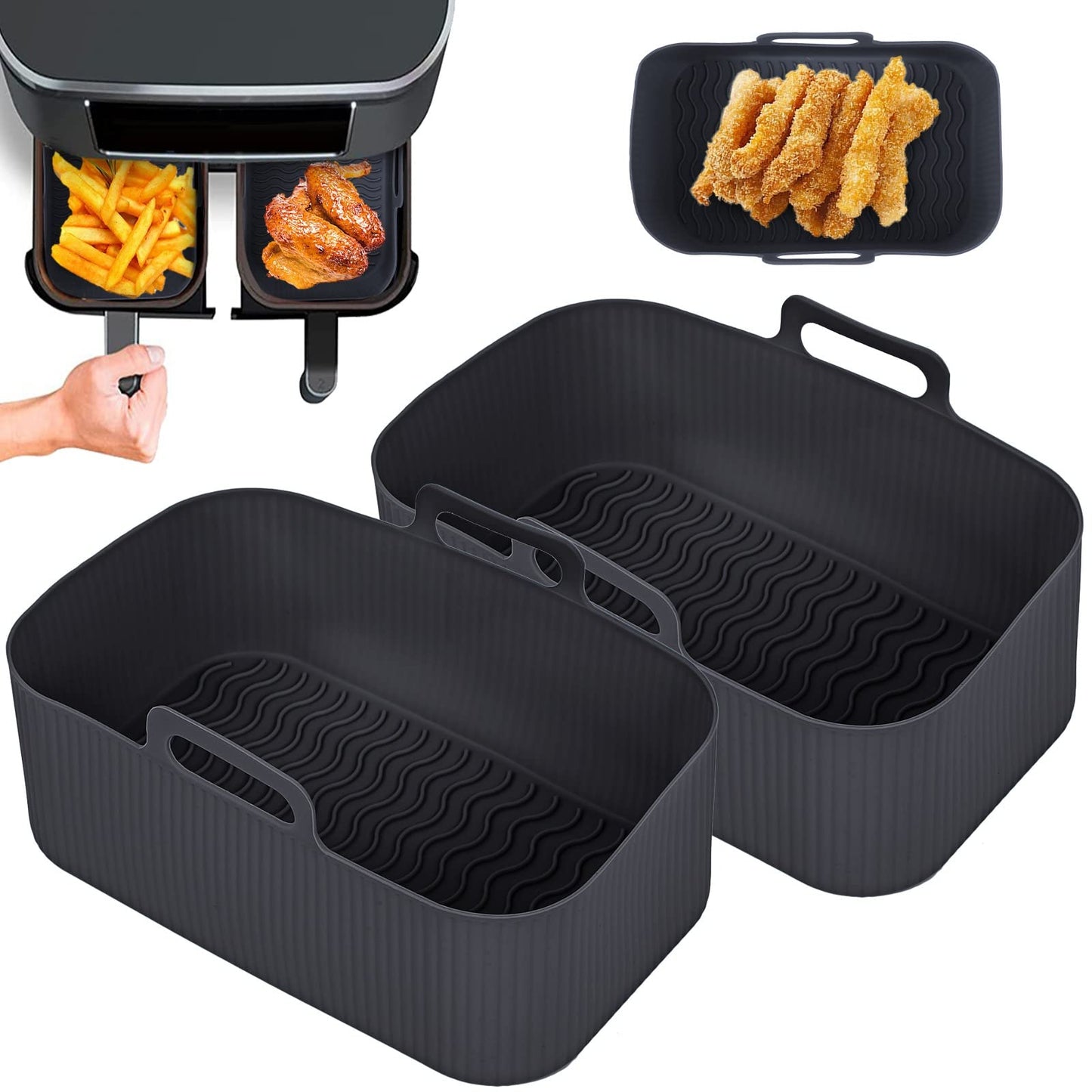 2Pcs Silicone Pot for Ninjas Dual Air Fryer, Silicone Liners Basket, Rack Accessories for Air Fryer, Oven, and Microwave #3 2 Black