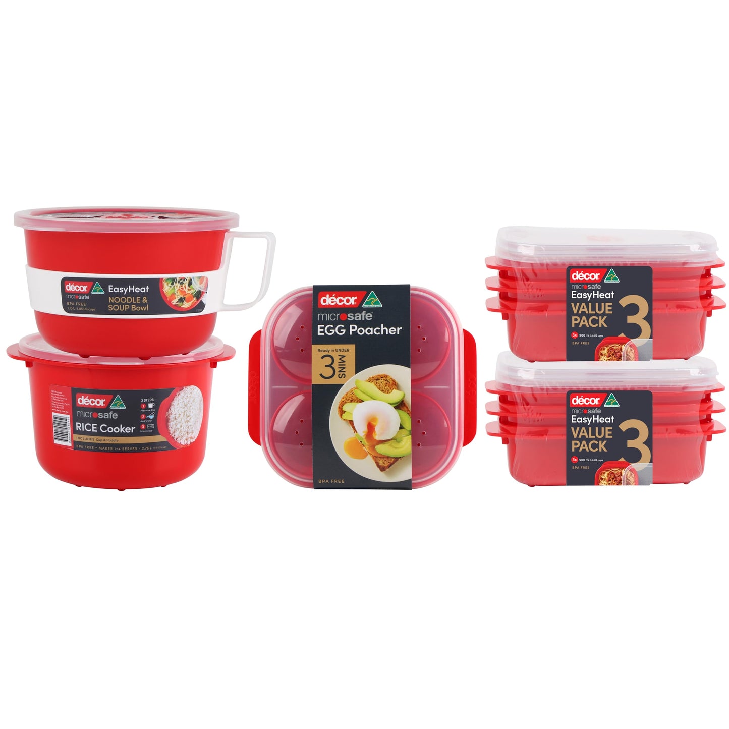 Décor Microwave Egg Poacher Cups for 4 | Food Grade Poached Egg Maker | Non-stick, Easy to Clean, BPA-free Plastic - Red 4 Egg Tray