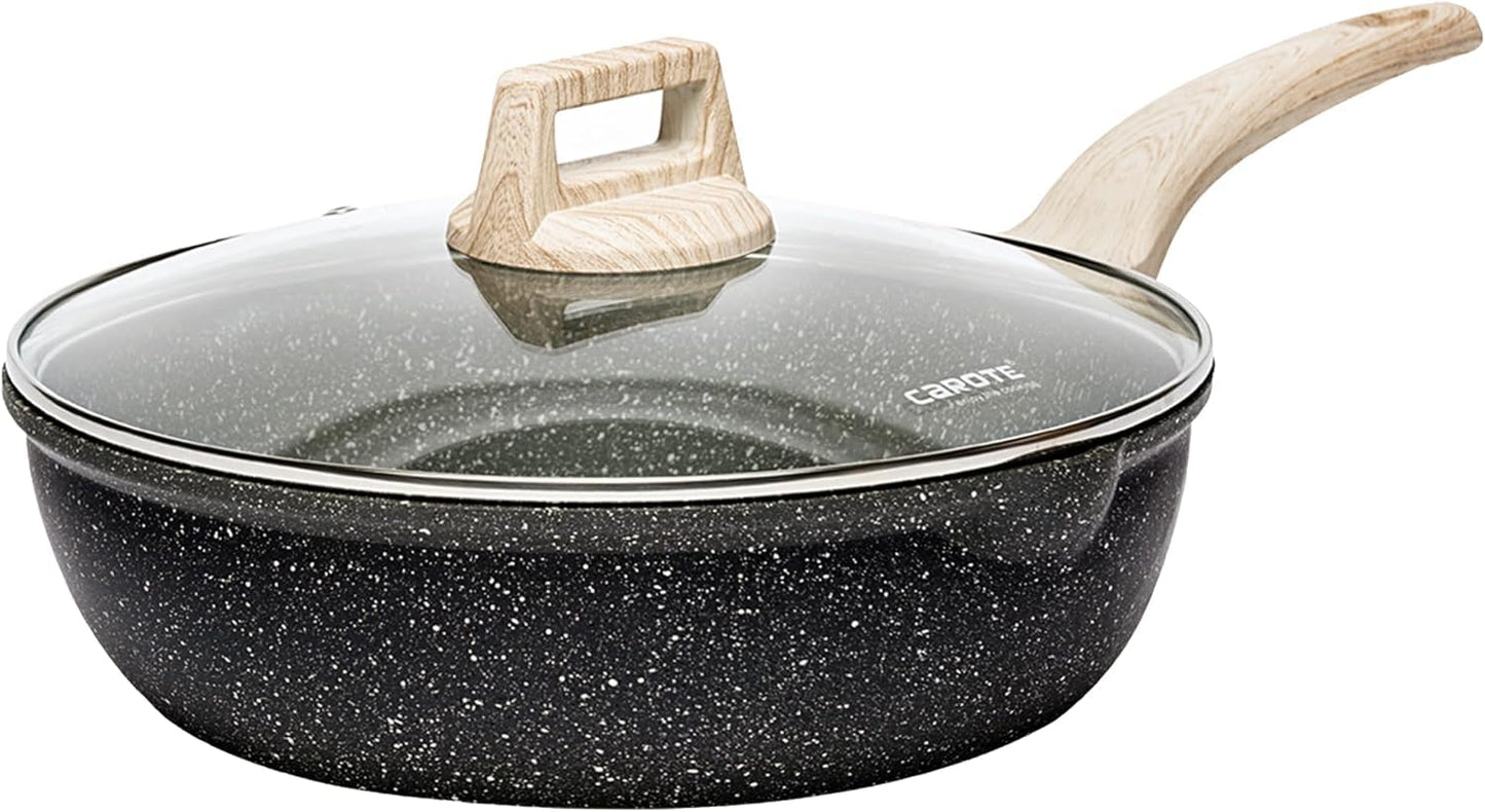 CAROTE Saute Pan with Lid, Non Stick Induction deep Frying pan with Lid for All Hobs, 24cm/2.8 Litre Classic Granite