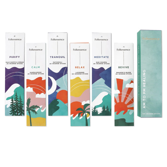 Folkulture Incense Sticks - Set of 6 Insenses (120 Sticks) - Lavender, Palo Santo and Cedar, Dragon's Blood, Patchouli, Sandalwood, Nag Champa - Incense Sticks Multipack (AM to PM Healing) Am to Pm Healing