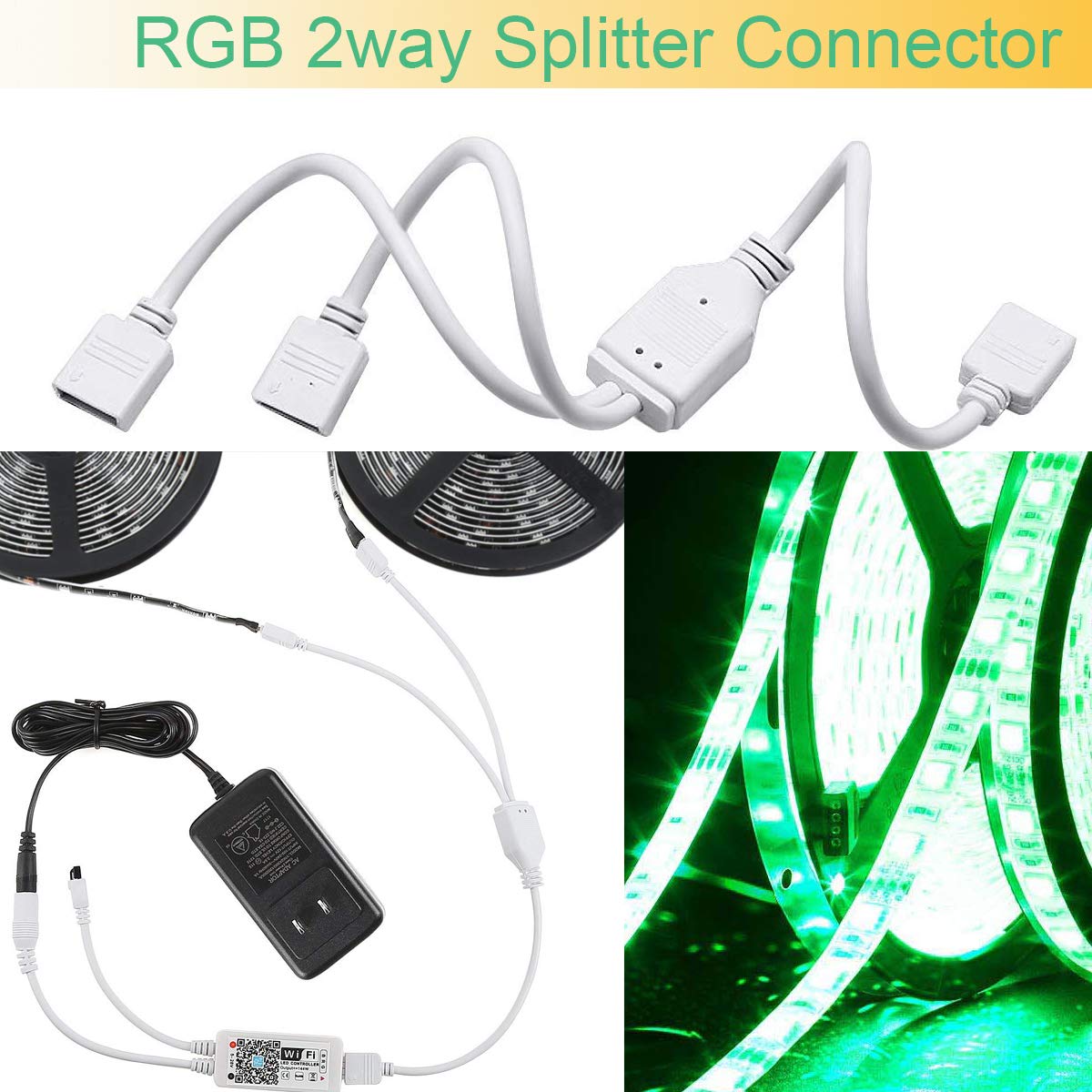 FSJEE 10mm 4pin 5050 RGB LED Strip Solderless Connector Kit- Includes 6.6FT Extension Cable,2 Way Splitter,L and T Shape connectors