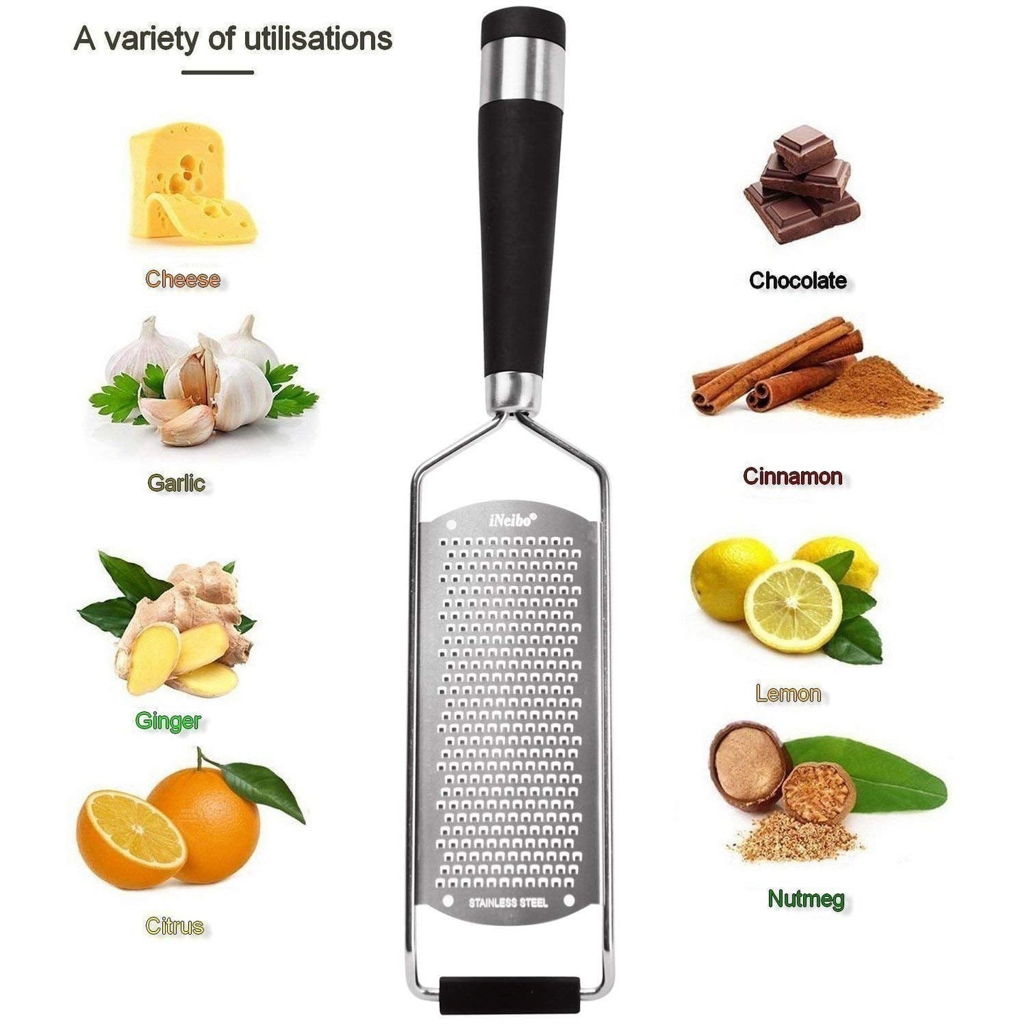 iNeibo Kitchen Cheese Grater & Lemon Zester - Sharp 18/8 Stainless Steel Blade - Ergonomic TPR Handle - Easy to Grate Or Zest Lemon, Orange, Citrus, Cheese, Chocolate, Nuts, Gingers, Garlic