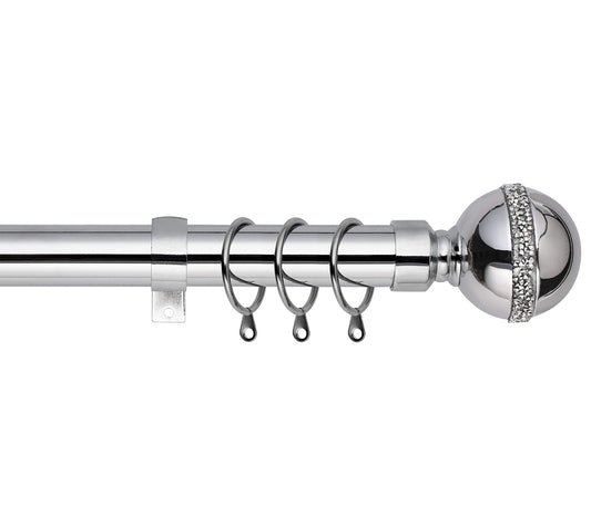 Bling Ball Extendable Curtain Pole. Includes Pair Of Superior 60mm Size Finials, Rings, Brackets & Fittings Set. (Chrome, 160cm - 300cm, 63 Inch to 118 Inch) Chrome