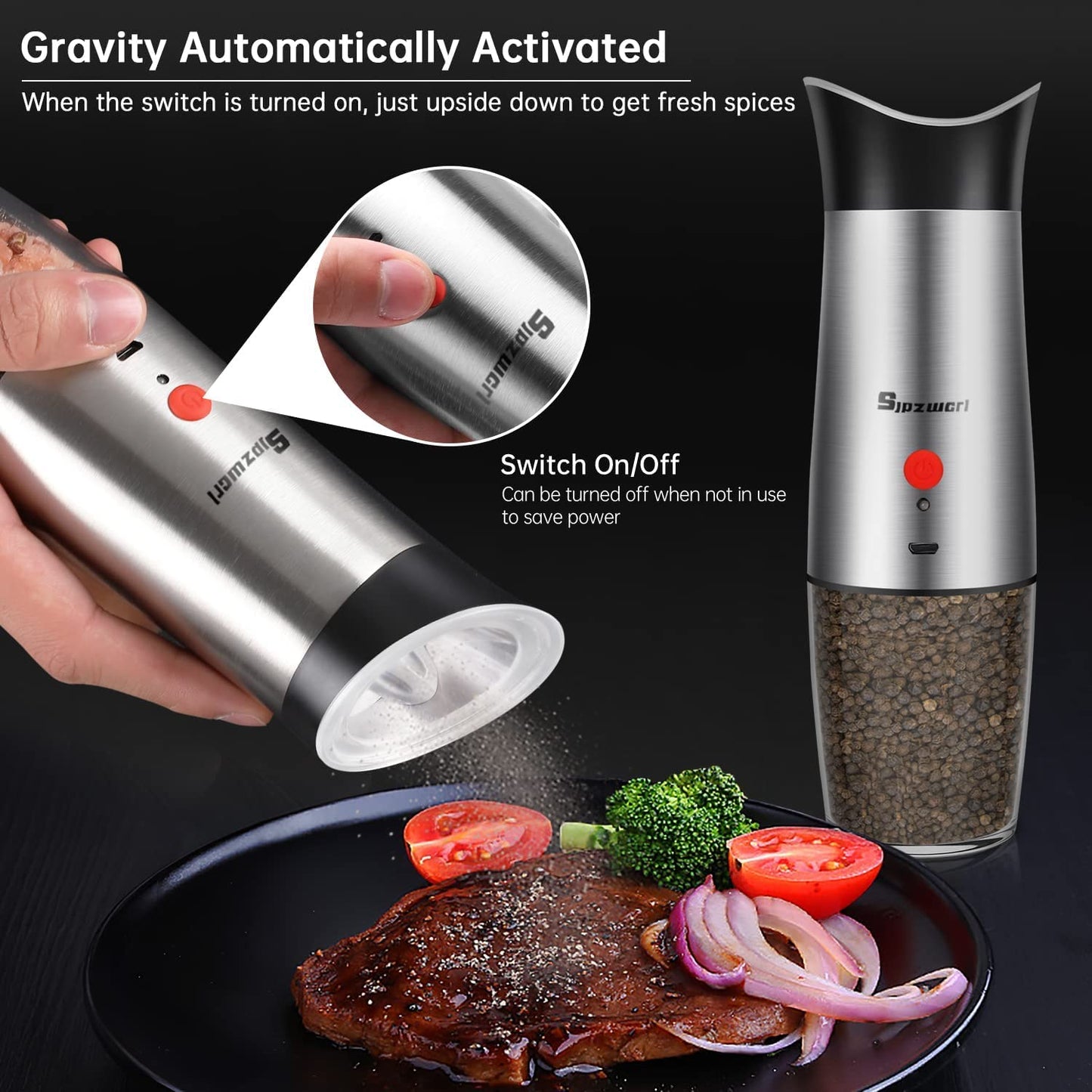 Electric Salt and Pepper Grinder Set: - USB Rechargeable Gravity Sensor Electric Pepper Mill Set - Automatic Pepper Grinder Refillable with Adjustable Coarseness, One Hand Operation(2 Pcs) Silver*2