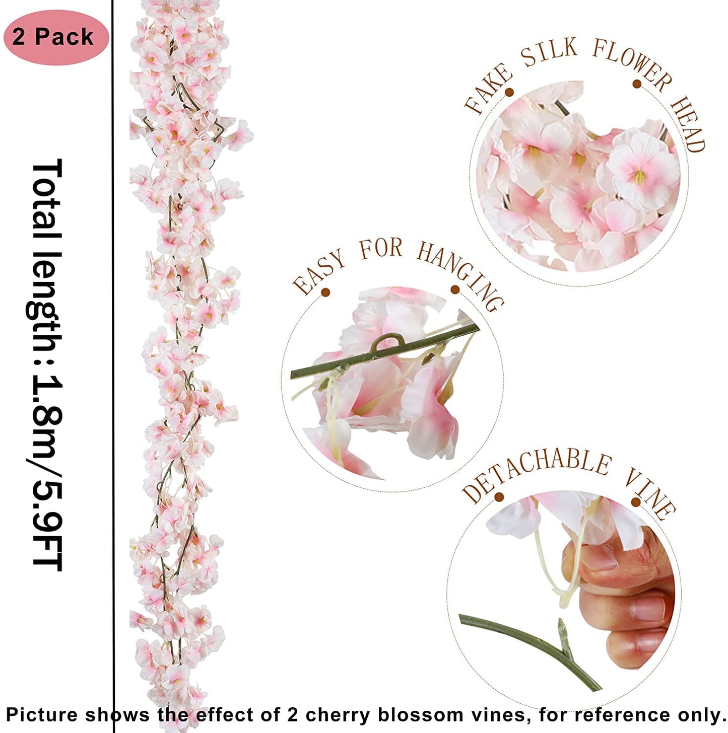 Homcomodar 2 Pack Artificial Silk Cherry Blossom Hanging Vine Garland for Wedding Home Garden Party Decor (Pink) Pink