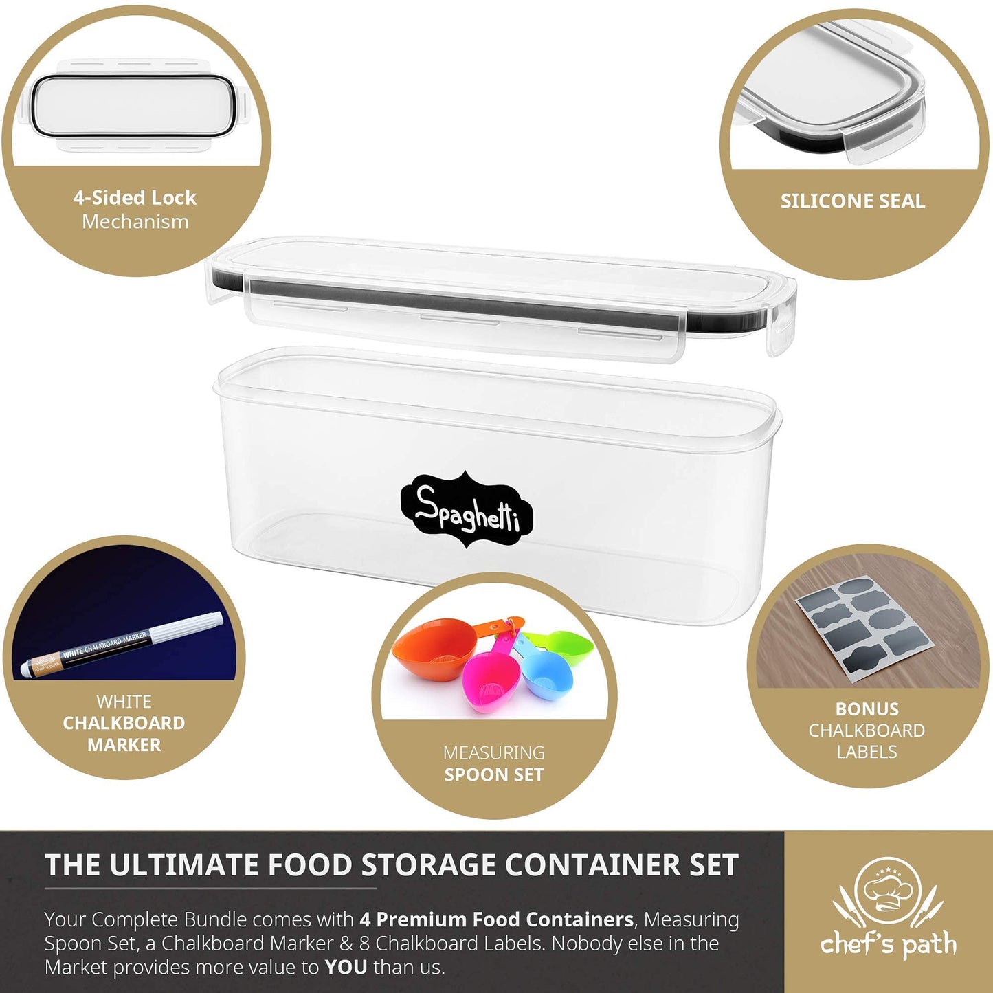 Chef's Path Airtight Food Storage Container Set - Ideal for Pasta, Spaghetti & Noodles - All Same Size - Kitchen Pantry Organization and Storage - Plastic Canisters with Durable Lids (6) Pack of 6 - 2.3 L