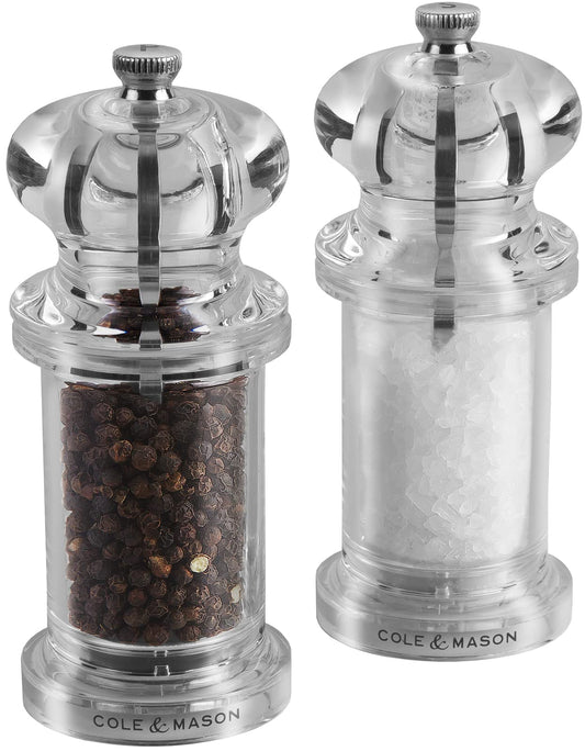 Cole & Mason 505 Clear Salt and Pepper Mills, Adjustable Grind Precision+ Mechanism, Acrylic, 140 mm, Gift Set, Includes 2 x Salt and Pepper Grinders Salt and Pepper Mill Set