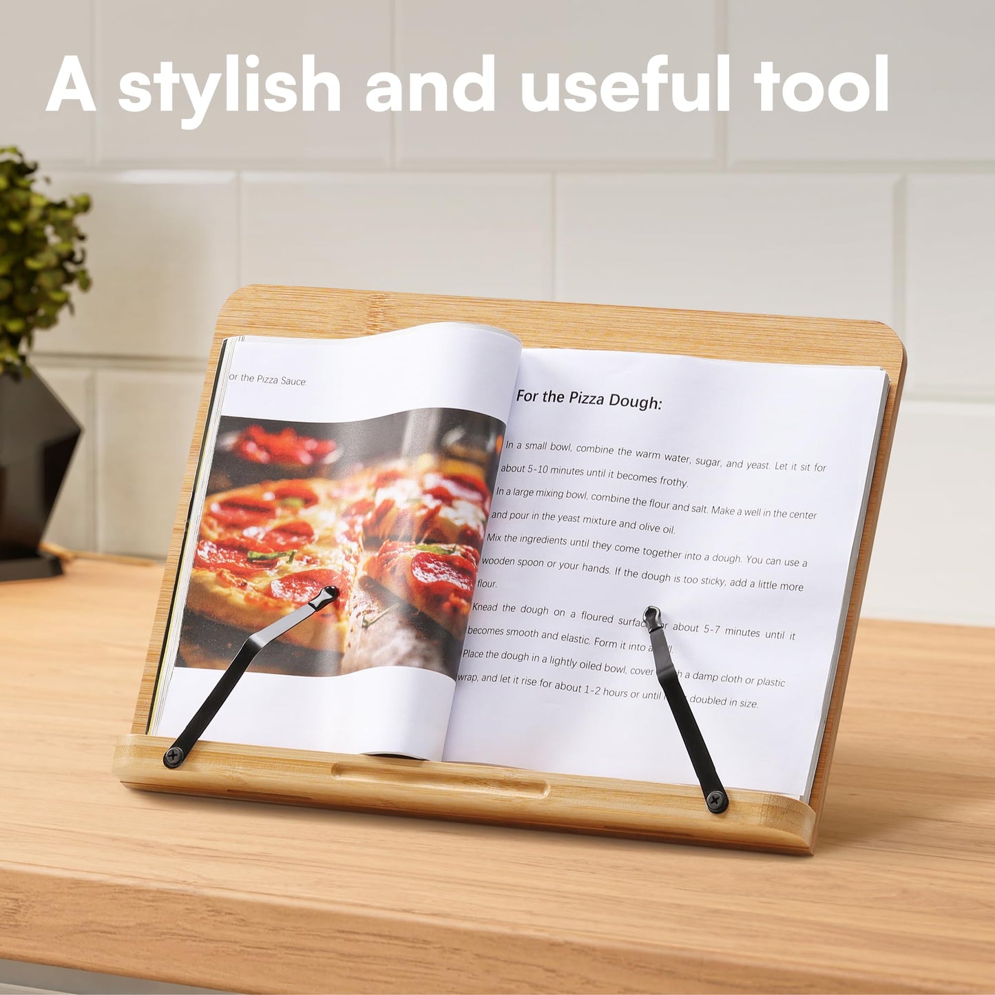 H&S Book Stand Bamboo Recipe Cookbook Holder Stand Kitchen Adjustable Bookrest Reading Rest