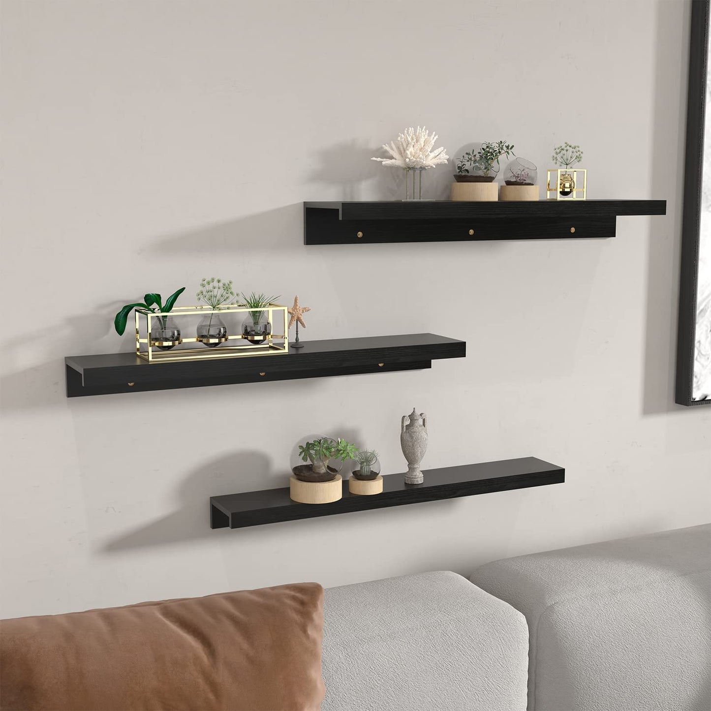 Giftgarden 40cm Black Floating Shelves for Wall Mount, Woodgrain Wall Shelf Ledge for Bathroom Bedroom Kitchen Living Room Office Storage, Set of 3 Different Sizes