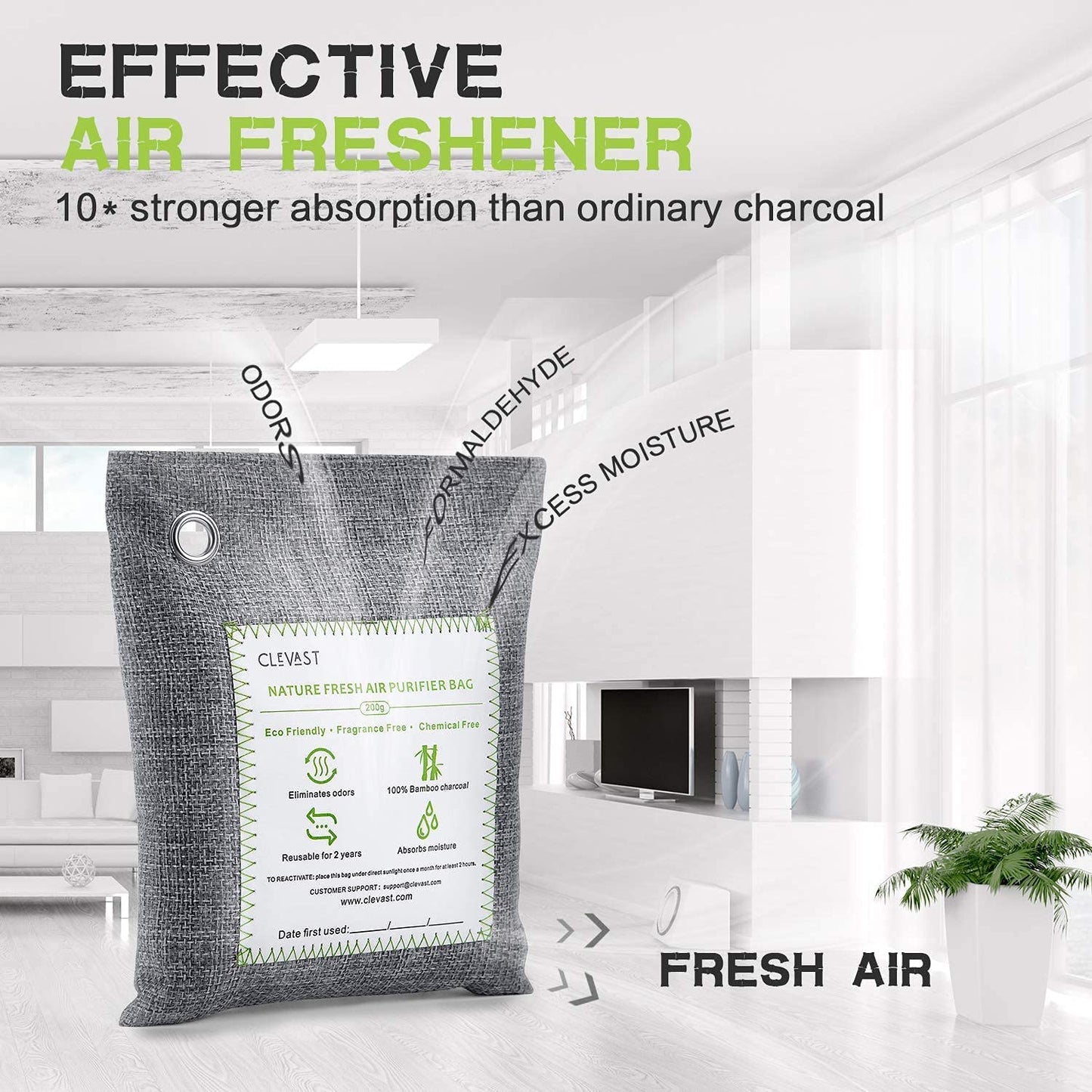 CLEVAST Bamboo Charcoal Air Purifying Bags (Large, 4×200g), Removes Odors and Moisture, Nature Fresh Air Purifier Bags, Odor Eliminator for Home, Car, Pets, Bathroom, Basement 4 Count (Pack of 1)