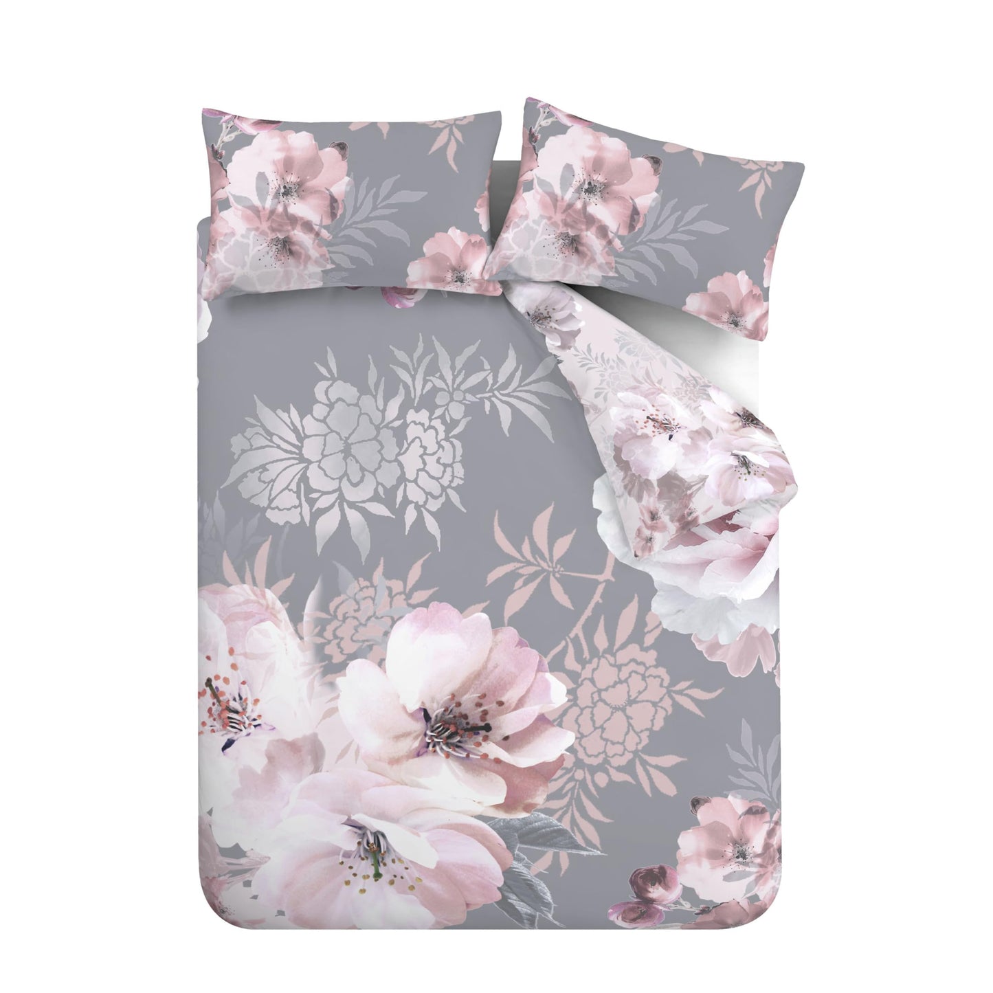 Catherine Lansfield Dramatic Floral Reversible Double Duvet Cover Set with Pillowcases Grey Double Duvet Set