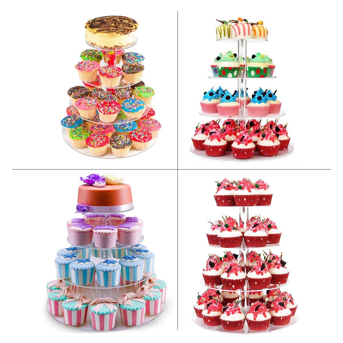 Cupcake Stand, ULIFEME 4 Tier Cake Stands, Round Acrylic Display Stands Cupcake Tower for Wedding, Birthday & Party, 6'' / 8'' / 10'' / 12'' Diameter Round Stand, 4 Inch Height, 4mm Thickness Acrylic