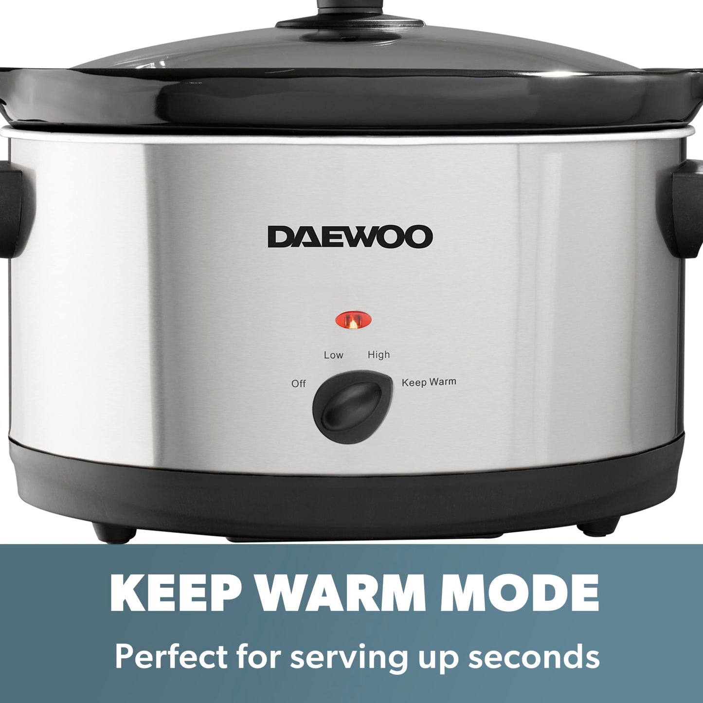 Daewoo SDA1788 6.5L Slow Cooker | Stainless Steel | 3 Heat Settings | Dishwasher Safe Pot & Lid | Power Indicator | Useful Carry Handles | Raised Feet | Manual Temperature Control | 300W, Grey