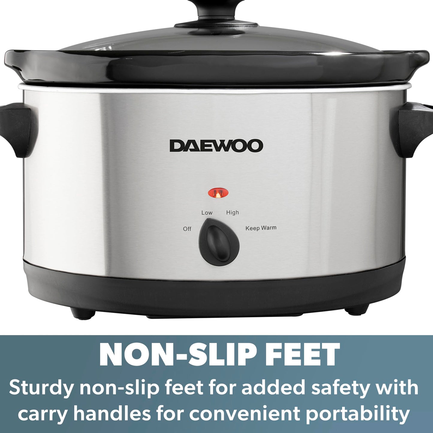 Daewoo SDA1788 6.5L Slow Cooker | Stainless Steel | 3 Heat Settings | Dishwasher Safe Pot & Lid | Power Indicator | Useful Carry Handles | Raised Feet | Manual Temperature Control | 300W, Grey