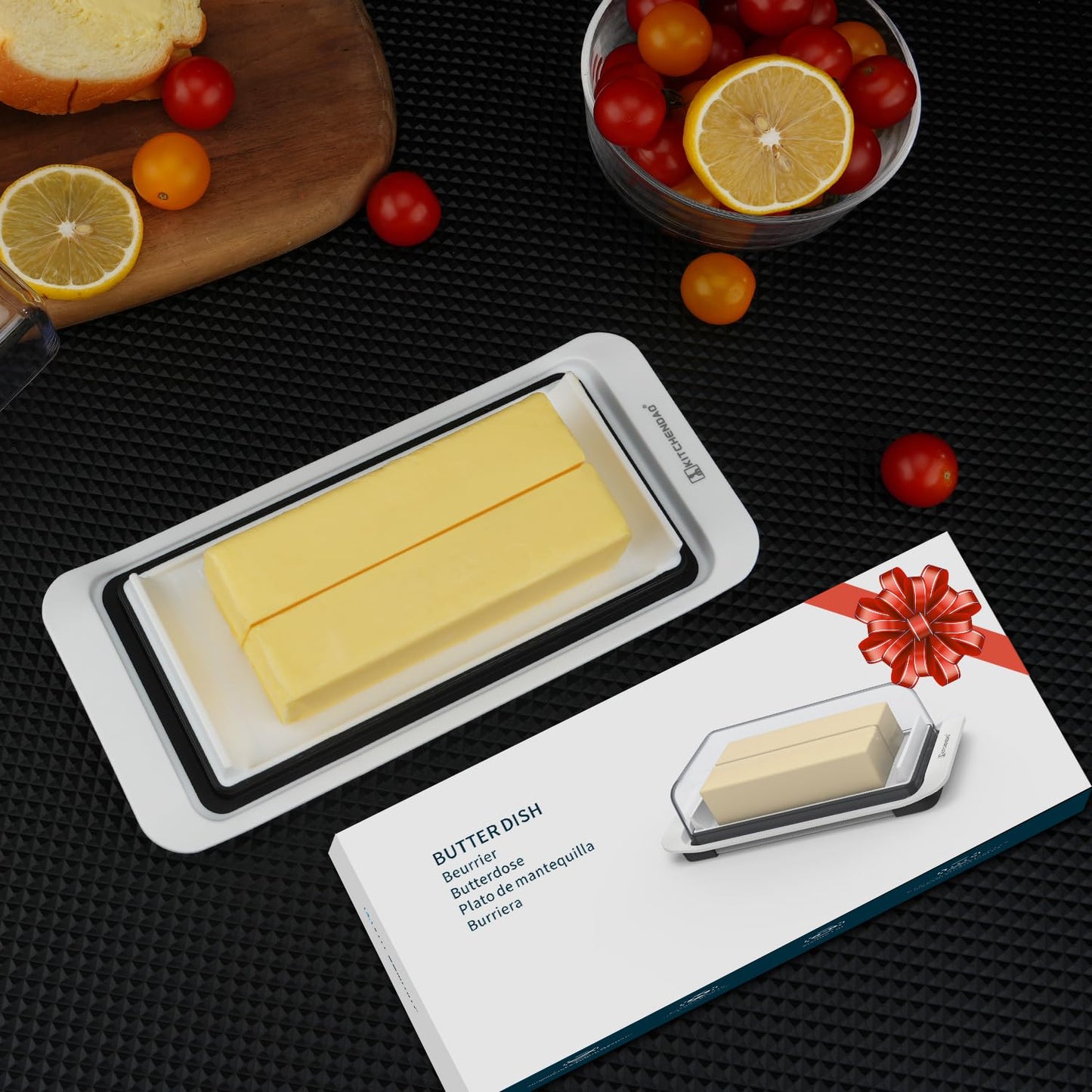 KITCHENDAO Airtight Butter Dish with Lid for Countertop and Fridge, Large Butter Keeper, Easy Scoop, Dishwasher Safe, Plastic Butter Holder Tray with non-slip Feet holds 2sticks/West/East Coast Butter Westküste/2 Sticks Ostküste