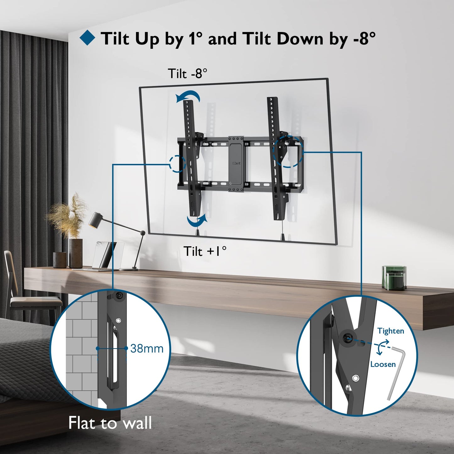 BONTEC TV Wall Bracket for Most 37-82 Inch LED LCD Plasma Flat Curved TVs, Tilt TV Wall Mount with Max. VESA 600x400mm, Up to 60kg, Bubble Level, 1.8m HDMI Cable and Cable Ties included