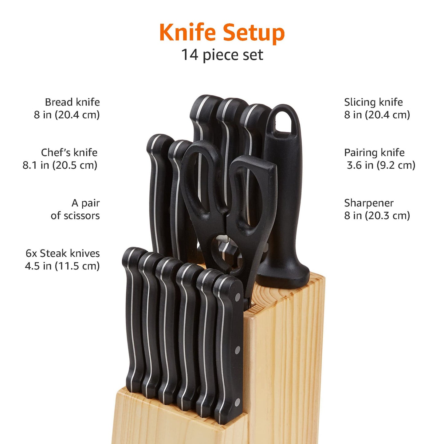 Amazon Basics 14-Piece Knife Set with Block, Black Single