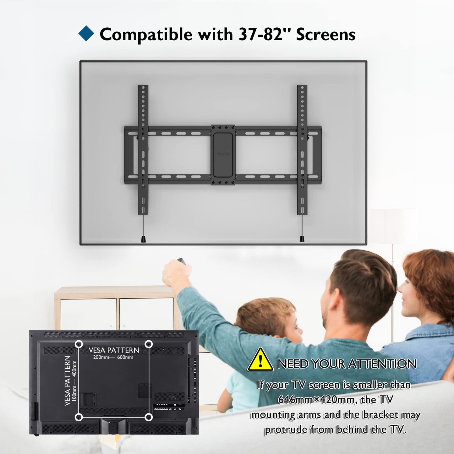 BONTEC TV Wall Bracket for Most 37-82 Inch LED LCD Plasma Flat Curved TVs, Tilt TV Wall Mount with Max. VESA 600x400mm, Up to 60kg, Bubble Level, 1.8m HDMI Cable and Cable Ties included