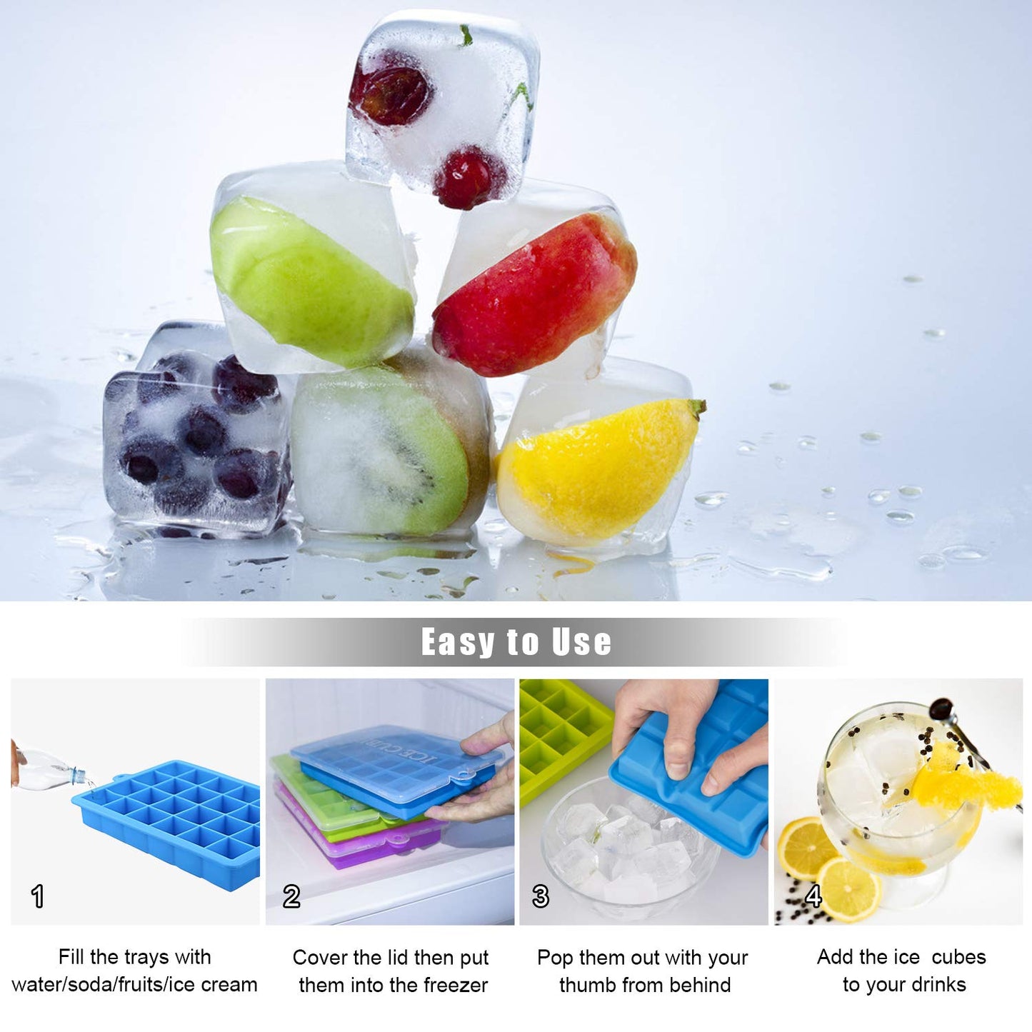 Ice Cube Trays 3 Pack, Morfone Silicone Ice Molds with Removable Lid Easy-Release Flexible Ice Cube Tray 24 Cubes per Tray for Cocktail, Whiskey, Baby Food, Chocolate, BPA Free, LFGB Certified Blue/Green/Purple