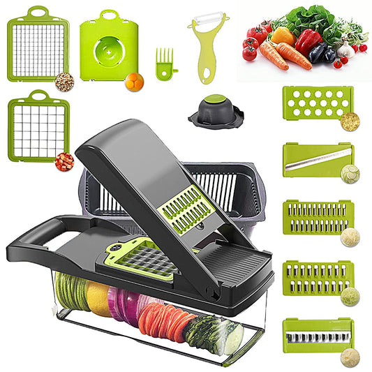 Alrens Vegetable Chopper - 12 in 1 Mandoline Slicer and Dicer with 7 Replaceable Stainless Steel Blades - Manual Cheese Slicer and Onion Chopper for Easy Cutting of Fruits and Vegetables Black