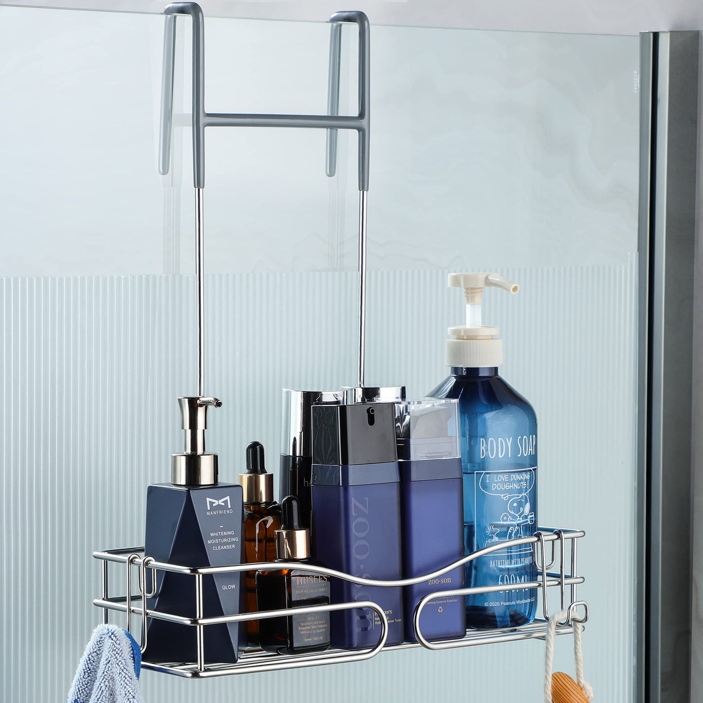 Cooeco Shower Caddy Hanging - Rustproof Shelf Storage Stainless Steel Organizer Bathroom Shampoo Holder over the Door with 2 Hooks one-tier Silver