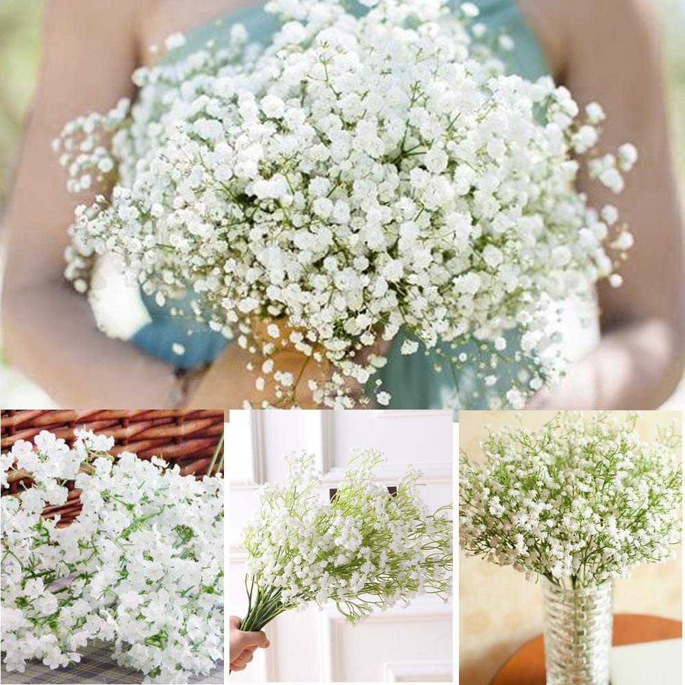 YSBER 12 Pack Baby Breath/Gypsophila Artificial Fake Silk Plants Wedding Party Decoration Real Touch Flowers DIY Home Garden(White) White