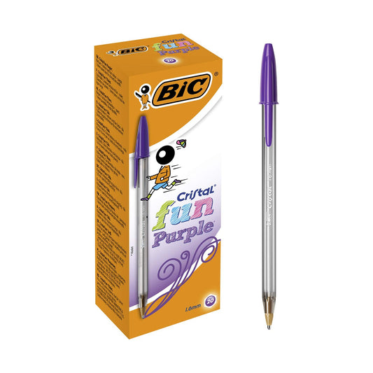 BIC Cristal Fun, Ballpoint Pens, Smudge-Proof Writing Pens and Wide Point (1.6 mm), Ideal for School, Purple Ink, Pack of 20 20 Count (Pack of 1)