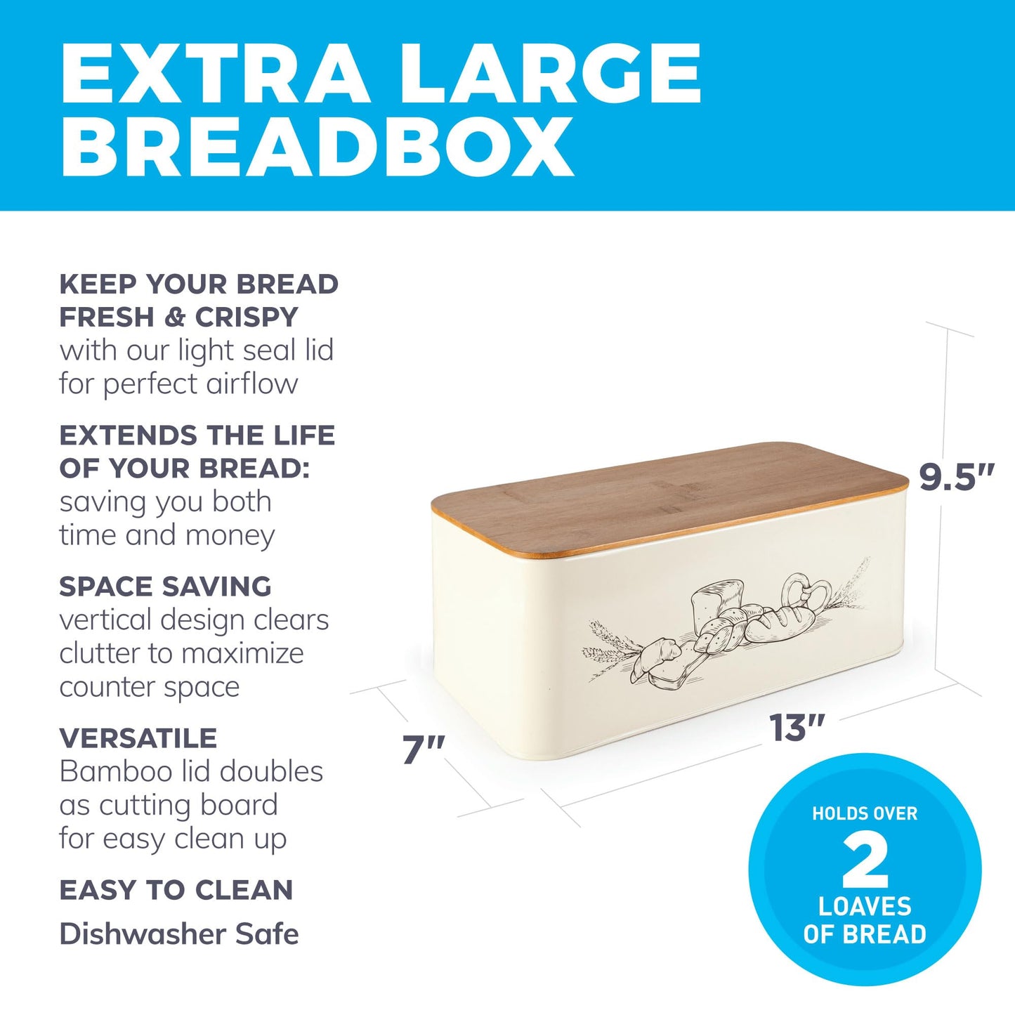 Extra Large Space Saving Vertical Cream Bread Bin with Eco Bamboo Cutting Board Lid - Holds 2 Loaves - White Extra Large Farmhouse Bread Bins for Kitchen Bread Storage Box X-Large