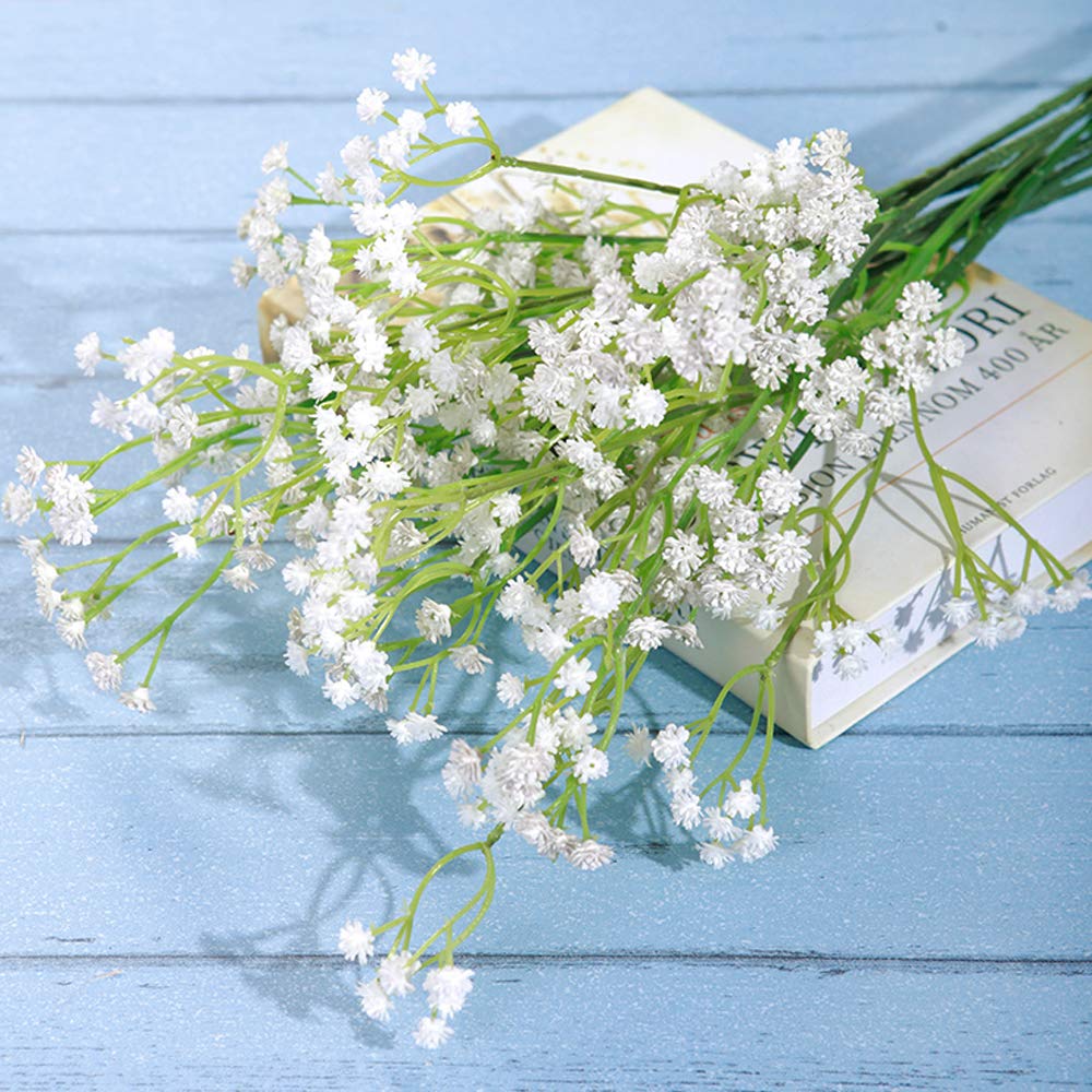 YSBER 12 Pack Baby Breath/Gypsophila Artificial Fake Silk Plants Wedding Party Decoration Real Touch Flowers DIY Home Garden(White) White