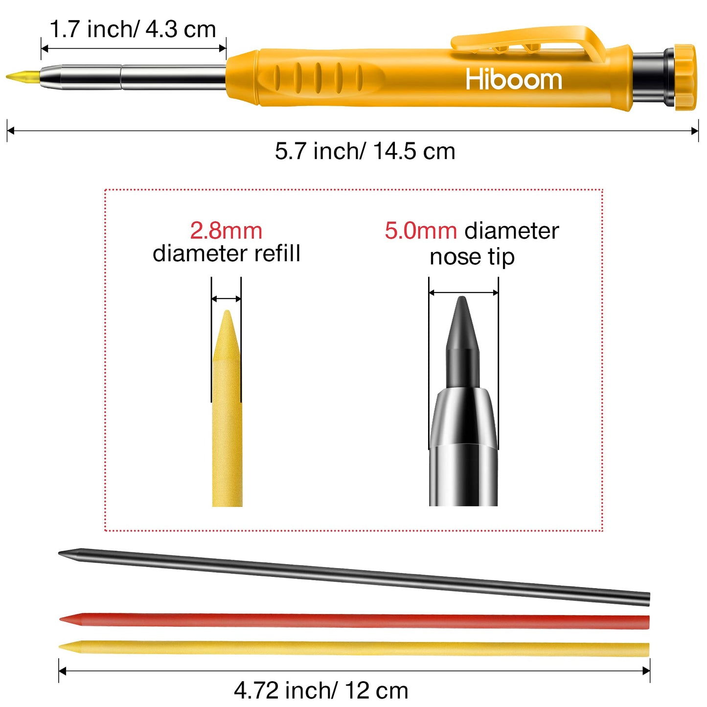 Hiboom 3 Pack Solid Carpenter Pencil with 21 Refill, Long Nosed Deep Hole Mechanical Pencil Marker with Built in Sharpener for Carpenter, Design Patent Yellow, Red, Black Cover