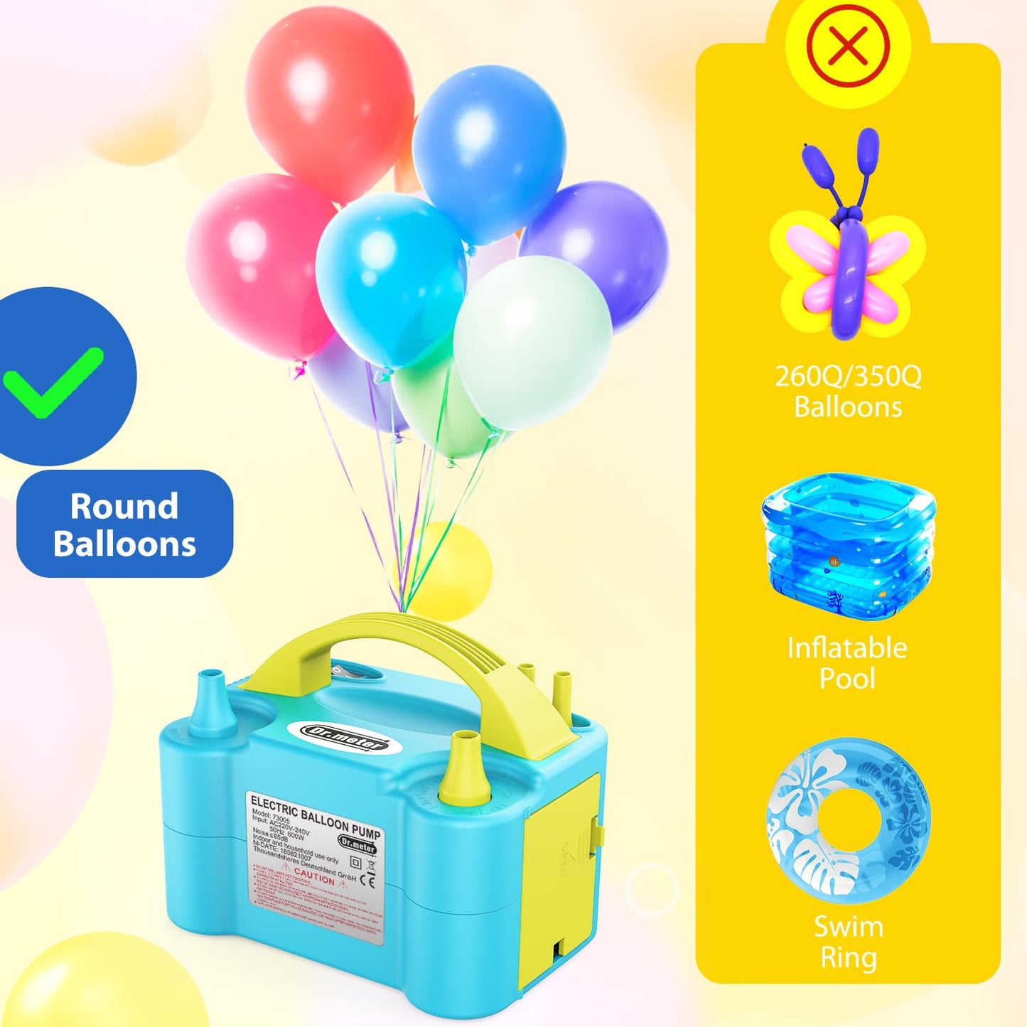 Electric Balloon Pump, Dr.meter 600W Portable Balloon Pump Electric Dual Nozzle High Power for Party, Wedding, Birthday, Activities and Festival Decoration (AC220-240V) Blue + yellow