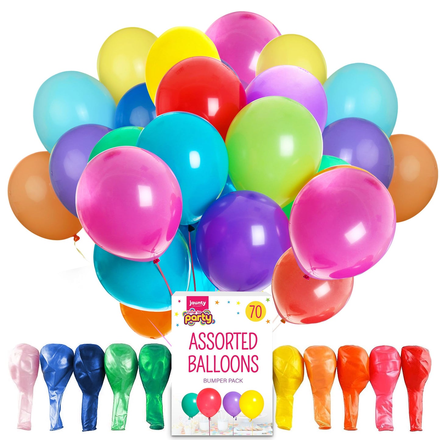 Jaunty partyware 70pk Premium Latex Multicoloured Balloons, 10.5 Inch Size, Assorted Rainbow Balloons for Party, Ideal for Kids' Parties, Adult Celebrations, and Party Bag Fillers Balloon