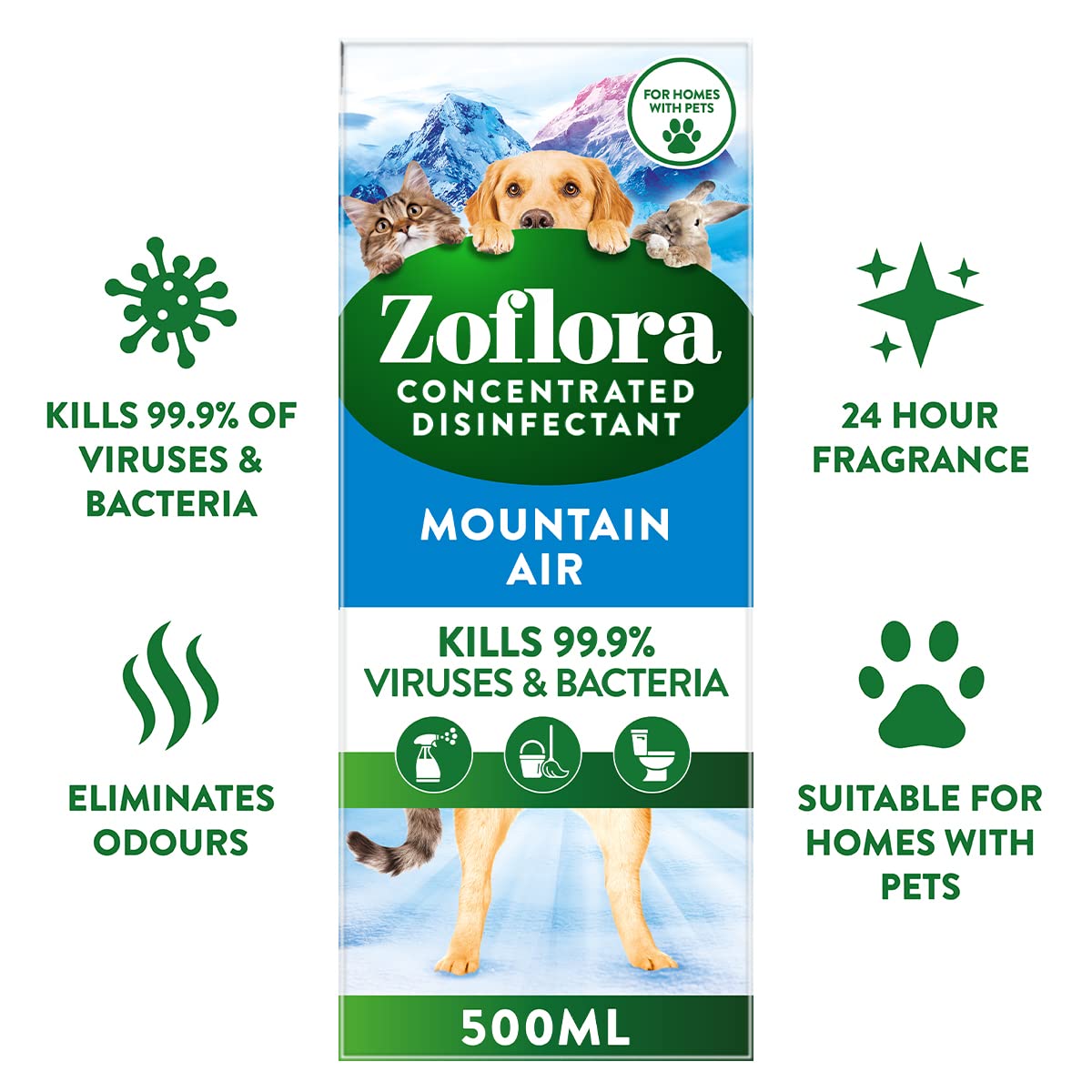 Zoflora Fresh Home, Mountain Air 6 x 500ml, Concentrated 3-in-1 Multipurpose Disinfectant Kills 99.9% of Bacteria & Viruses