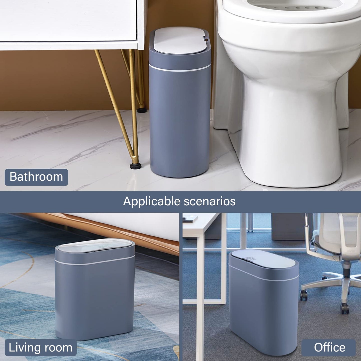 ELPHECO Bathroom Trash Bin, 9.5 Litres Waterproof Motion Sensor Small Bathroom Trash Can with Lid, 2.5 Gallon Slim Plastic Narrow Bedroom Trash Can, Grey 9.5 Litre Blue-grey