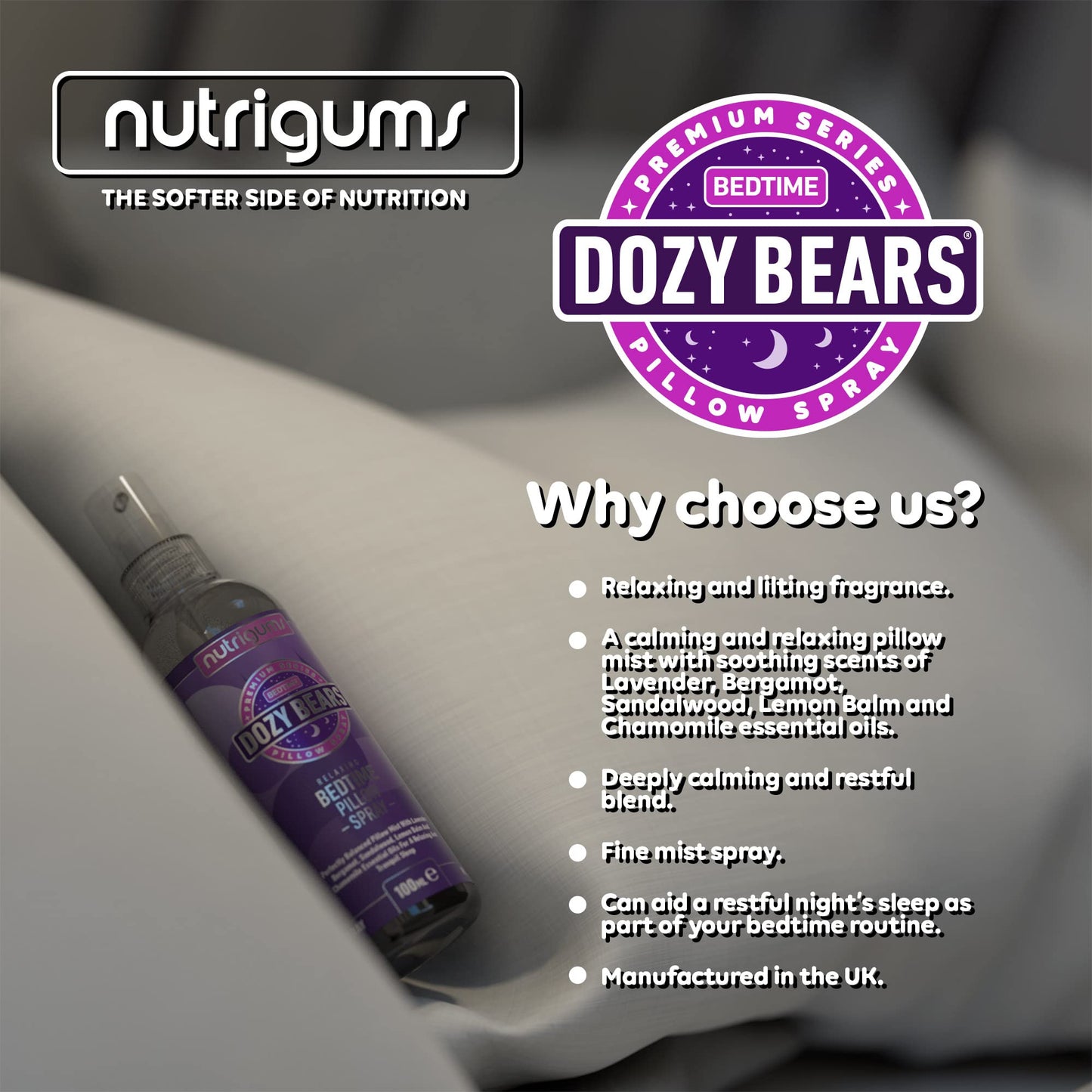 DOZYBEARS The Ultimate Bedtime Pillow Spray 100ml | Calming and Relaxing Pillow Mist with Soothing scents of Lavender, Lemon Balm, Chamomile, Sandalwood and Bergamot