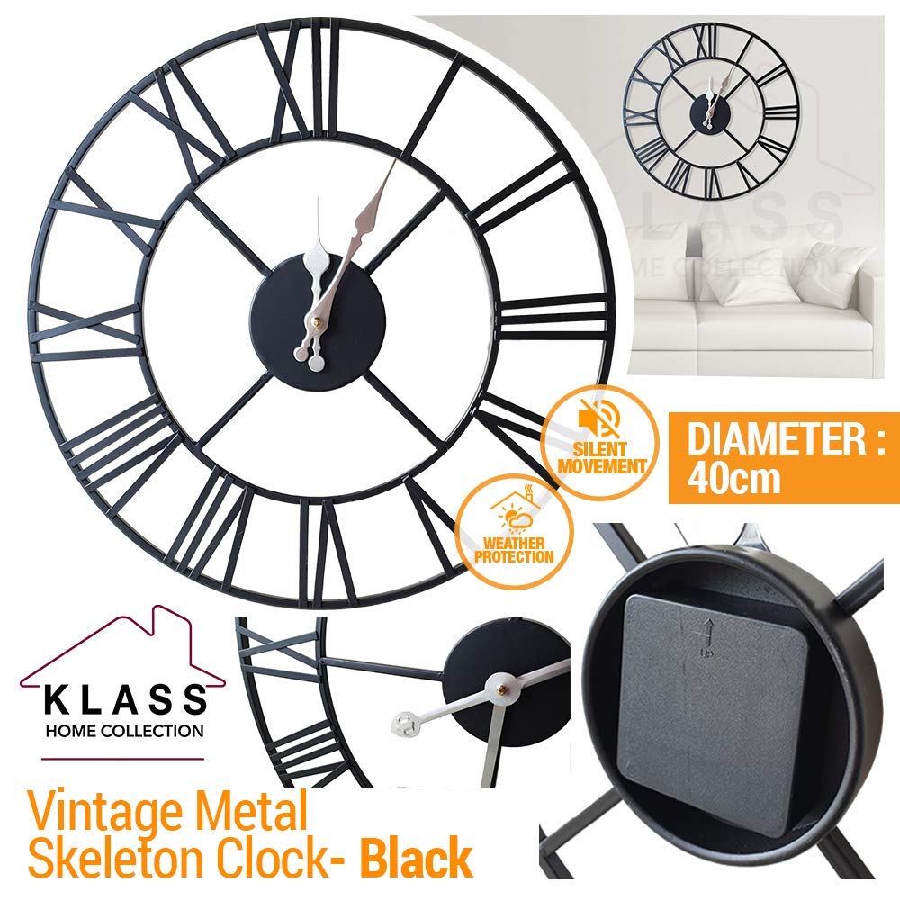 Klass Home 40cm Black Metal Large Wall Clock INDOOR / OUTDOOR Wall Clock | Silent Non-Ticking Roman Numerals Clocks For Living Room | Bedroom Kitchen Clock | Outdoor Clock | Garden Clock | Home Decor 40 CM