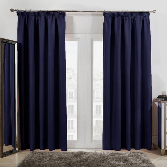 Dreamscene Pencil Pleat Blackout Curtains Set of 2 Thermal Tape Top Heading Panels, Navy Blue - Width 66" x Drop 72" 66" wide x 72" drop