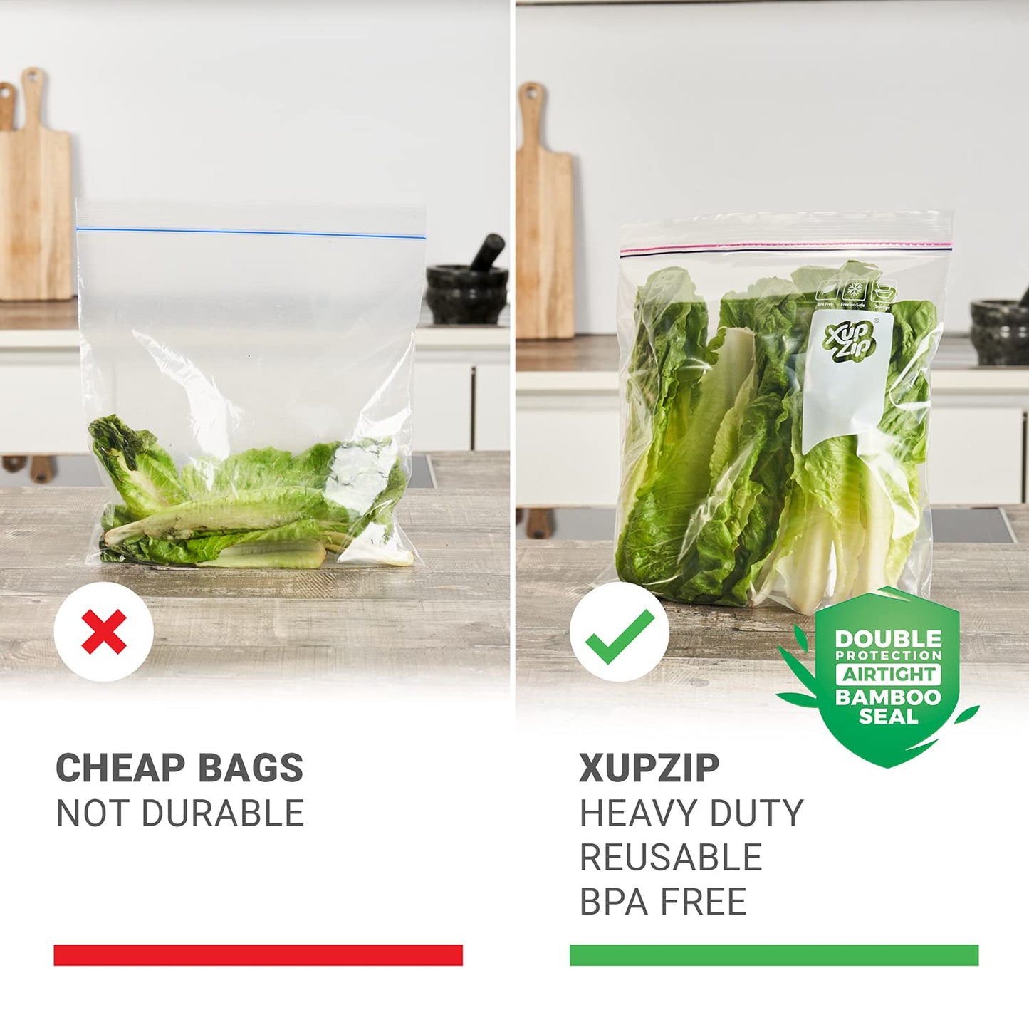 Keep Food Fresh for Longer with our Airtight and Leakproof Reusable Zip Lock Freezer Bags! Say Goodbye to Waste and Hello to Sustainability with our Bamboo Seal. Safeguard Your Meals - Order Now! 30 Bags (1 Pack)