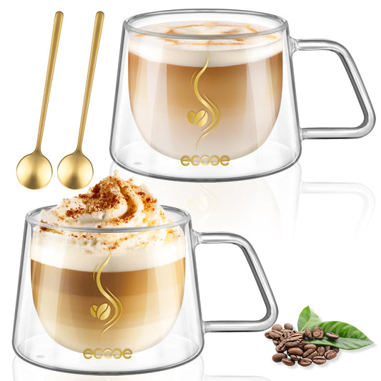 ecooe 350ml Double Walled Coffee Glasses Mugs Cappuccino Latte Macchiato Glasses Cups Set of 2 with Handle Borosilicate Heat Resistant Glass Cups for Coffee Tea Milk Juice Ice Cream Type7-transprarent Type7-350*2