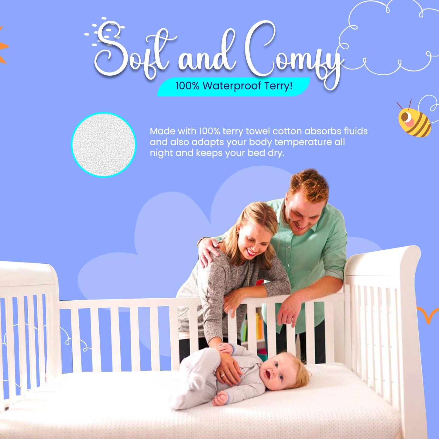 Linens World 100% Cotton Cot Bed Waterproof Mattress Protector-Non-Allergenic & Breathable-Toddler Bed Mattress Protector Non-Noisy Washable Waterproof Cot Bed Mattress Protector (70 x 140cm) Cot (70x 140+30)