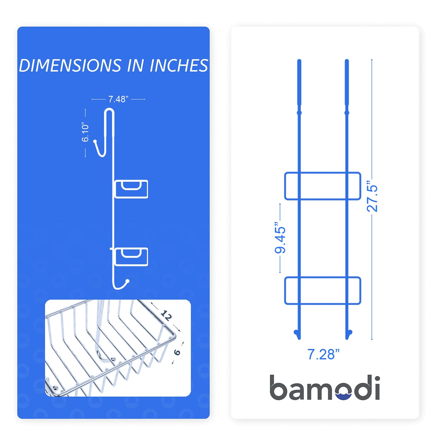 Bamodi Shower Caddy Hanging - 2-Tier Over Door Shower Basket Chrome-Plated - No Drilling Required - Fits Shower Screens up to 2 cm - Hangable Shower Rack with 2 Towel Hooks (70 x 19 x 18.5 cm) Chrome 2 Shelf